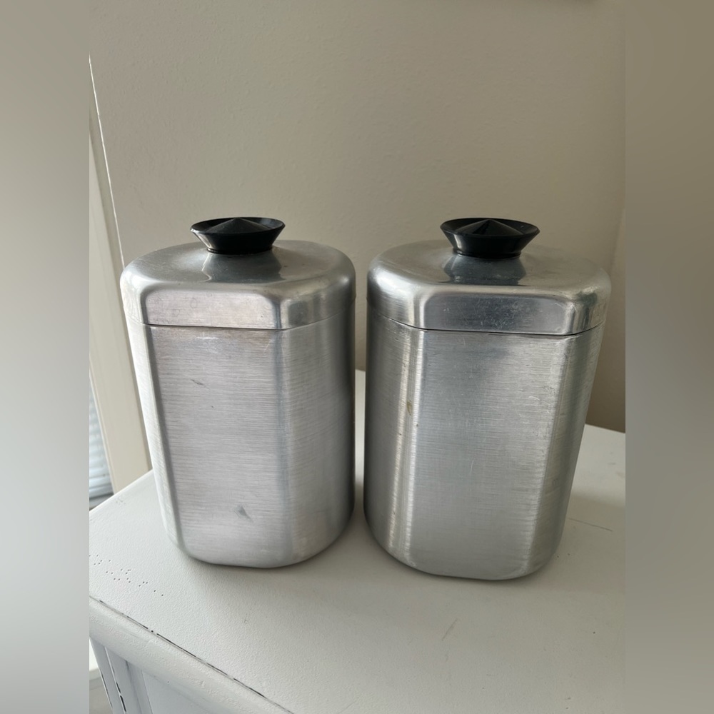 Vintage 1950s MCM Kitchen Aluminum Canisters Lids | Flour And Sugar - Picture 2 of 12